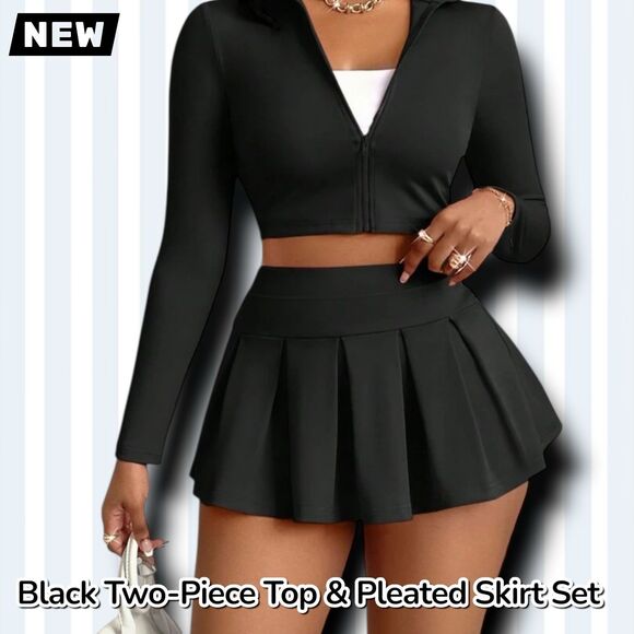 Dresses & Skirts - New Black Two-Piece Zip-Up Crop Top & Pleated Skirt Set Medium
